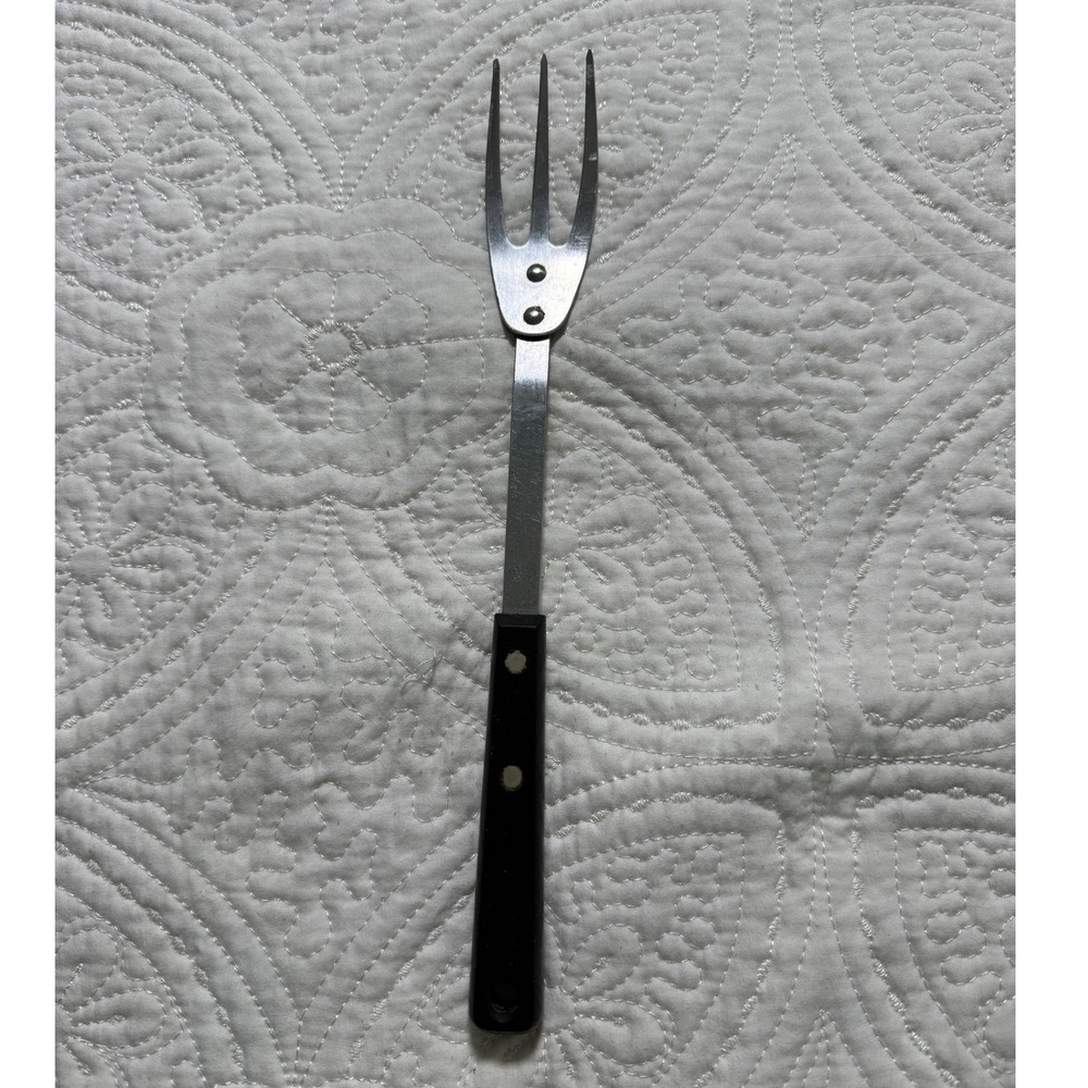 Ekco Forge Serving 3 Tine Fork  Black Stainless Steel Vintage  USA Made MCM